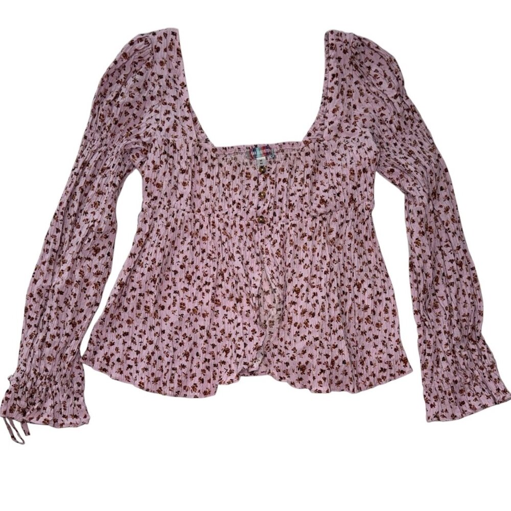 Pink Floral Square Neck Long Sleeve Blouse